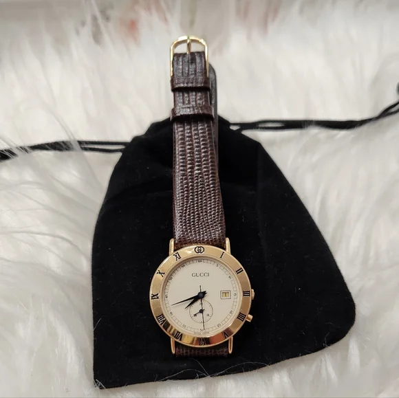 Vintage 90's Gucci 3800 Jr Wristwatch, 18k Gold Plated, Lizard Calf Band 5/8R, - Picture 2 of 16
